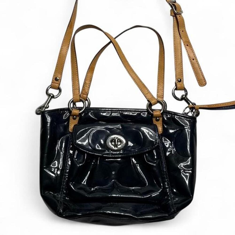 Coach Leah Black Patent Leather Signature Embossed Bag